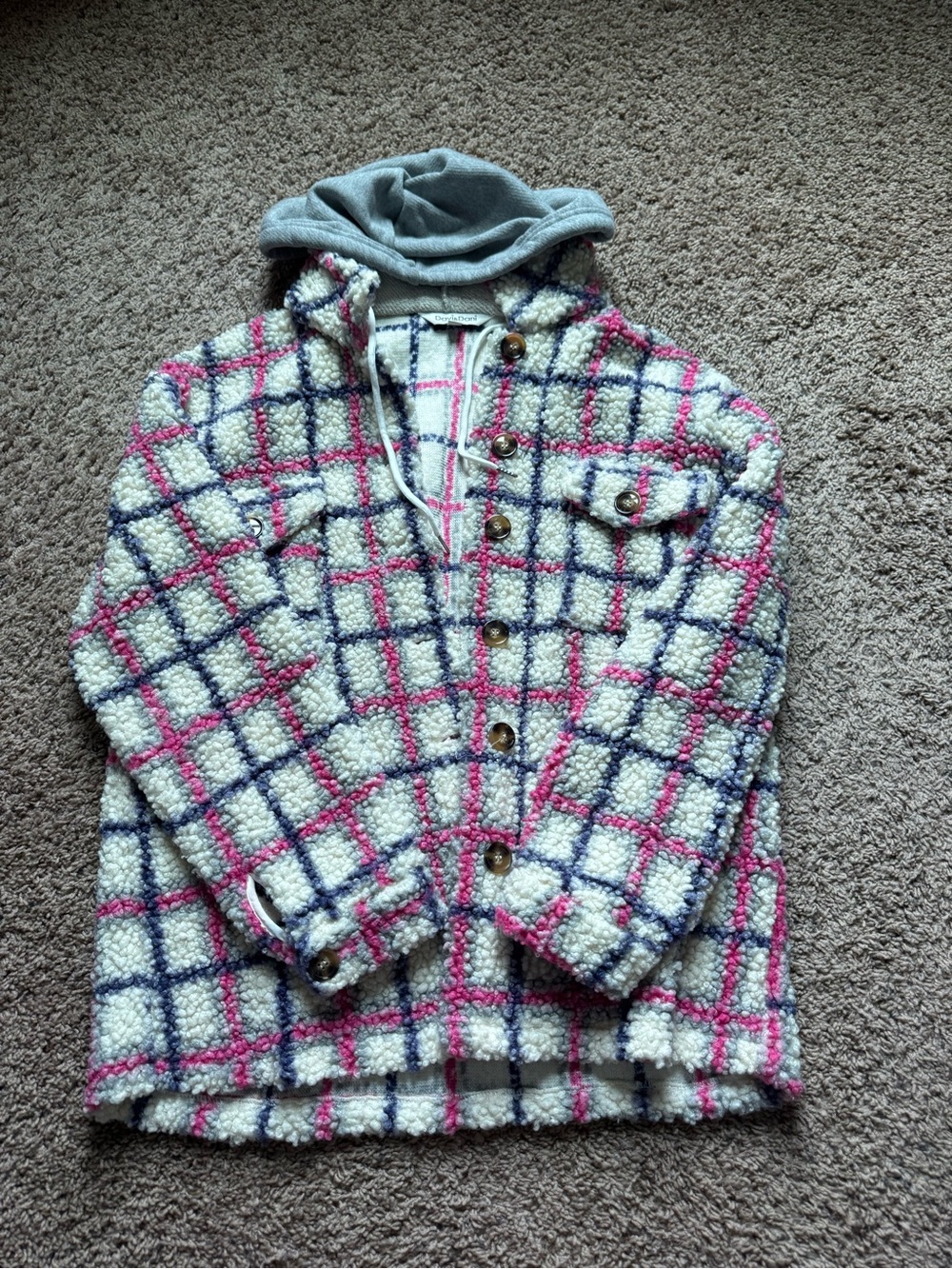 DAVI & DANI Cream Plaid Sherpa Jacket with Pink and Navy Checks